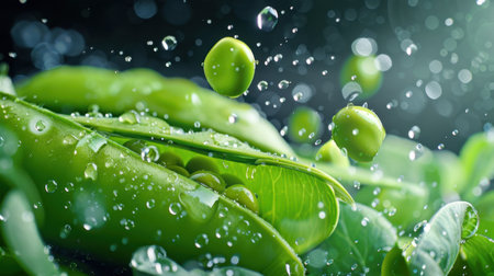 Lush green peas resting on vibrant leaves, adorned with glistening water droplets that enhance their fresh appeal. A perfect representation of nature's bounty.の素材
