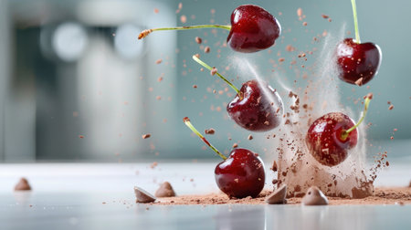 An exciting capture of fresh cherries bursting in a dynamic explosion, surrounded by rich chocolate dust, creating a vibrant and artistic food scene.の素材