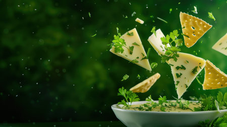 A visually striking image showcasing fresh ingredients flying into a bowl of dip, featuring crispy chips, herbs, and vibrant colors, perfect for culinary inspiration.の素材
