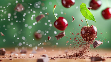 This dynamic image captures fresh cherries colliding with rich chocolate, creating a visual explosion of flavor. The vibrant colors and textures highlight a perfect fusion of sweet and indulgent elements, ideal for culinary and dessert-themed projects.の素材