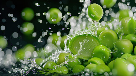 Dynamic image of fresh green peas splashing in water, creating a lively scene with bubbles and reflections against a dark background, conveying freshness.の素材