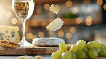 A captivating scene featuring floating cheese pieces above a beautifully arranged wooden board with fresh grapes and a glass of white wine. The bokeh background enhances the festive atmosphere, perfect for gatherings or special occasions.の素材