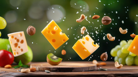 A captivating display of cheese cubes and various nuts soaring above a wooden board, accompanied by fresh grapes and tomatoes, showcases a vibrant and healthy snack arrangement in a natural, lush setting.の素材