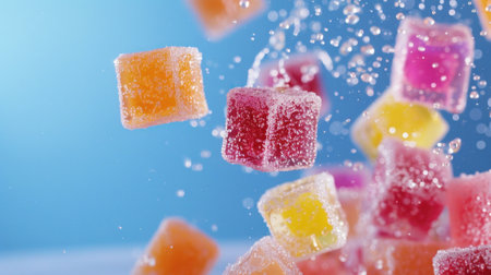 Colorful candy cubes fall through the air, creating a playful scene filled with vibrant colors and sparkling water droplets against a soft blue background.の素材