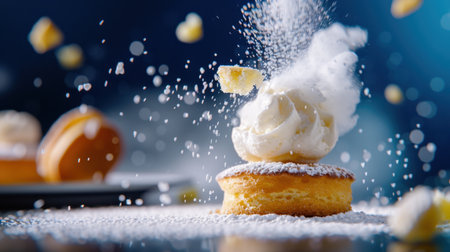 A captivating image of a whimsical cupcake dusted with sugar, featuring a dramatic sprinkle explosion against a dark background, perfect for dessert lovers.の素材