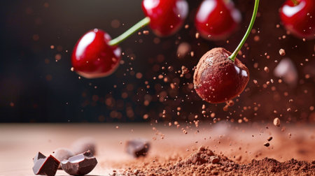 A stunning image capturing fresh cherries dramatically falling into cocoa powder, surrounded by dark chocolate pieces, evoking a sense of indulgent delight.の素材