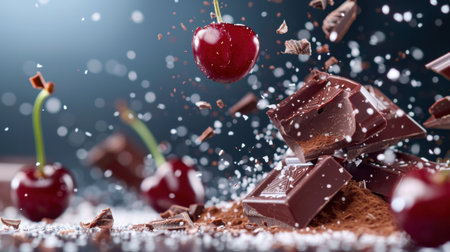 An artistic capture of fresh cherries and chocolate bursting in a flurry of cocoa powder, showcasing vibrant colors and textures in a dynamic composition ideal for culinary inspiration.の素材