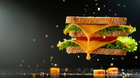 A mouthwatering sandwich featuring layers of fresh lettuce, ripe tomato, and gooey melted cheese, captured mid-air with dynamic splashes of ingredients.の素材