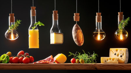 This captivating culinary display features hanging bottles and light bulbs with cheeses, tomatoes, and herbs, creating a stunning visual feast. Perfect for gourmet inspiration!の素材