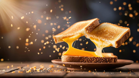 A mouthwatering image showcasing melted cheese spilling from perfectly toasted bread, set against a warm, rustic background. Ideal for food lovers.の素材