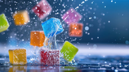 Colorful ice cubes create a dynamic splash in clear water, capturing the essence of refreshment and playfulness. The vibrant hues evoke summer fun and lively gatherings.の素材
