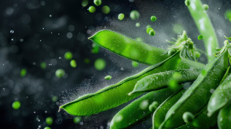A dynamic capture of fresh green peas splashing in the air, enhanced by water droplets, symbolizing freshness and healthy eating. Perfect for culinary themes.の素材