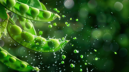 This captivating image showcases fresh green peas in pods, surrounded by splashing water droplets against a vibrant backdrop, emphasizing the richness of nature and healthy living.の素材