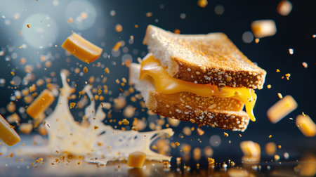 A stunning image of a grilled cheese sandwich suspended in mid-air, showcasing its melted cheese and fresh ingredients, perfect for food-related themes.の素材
