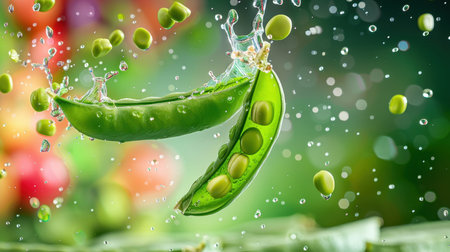 Experience the vibrant freshness of green peas captured in a stunning water splash, showcasing their natural beauty and vitality against a colorful background.の素材