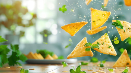Enjoy a vibrant scene of crispy snack triangles falling through the air, scattered with fresh herbs, set against a sunny kitchen backdrop.の素材