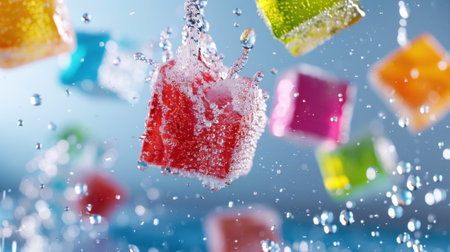 Vibrant fruit cubes dance in sparkling water, creating a delightful splash with bubbles, perfect for summer refreshment and joyful celebrations.の素材