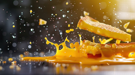 A dynamic image showcasing a slice of golden bread with melting cheese splashing in vibrant motion against a blurred background. Perfect for food lovers.の素材