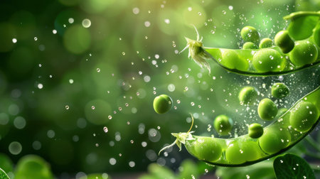 Bright and fresh green peas with water droplets capture the essence of nature and healthy living, ideal for promoting organic food and nutrition.の素材