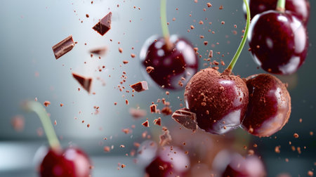 This captivating image features fresh cherries coated with rich dark chocolate, surrounded by cocoa powder splashes, creating an appetizing visual delight.の素材