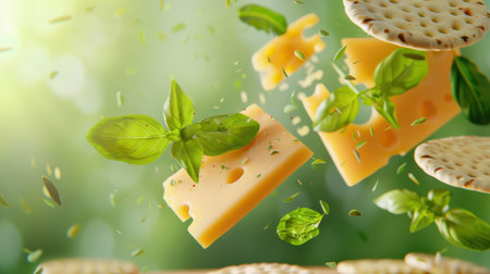 A vibrant composition featuring fresh basil leaves and slices of cheese elegantly suspended above crunchy crackers. This captivating image evokes a sense of freshness and culinary delight, perfect for food-related projects.の素材