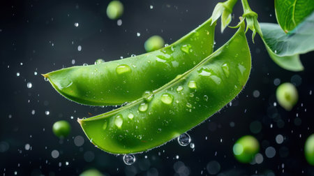 This vibrant image showcases fresh green peas in their pods, adorned with dew drops. The rich colors and details evoke a sense of nature's goodness and freshness.の素材