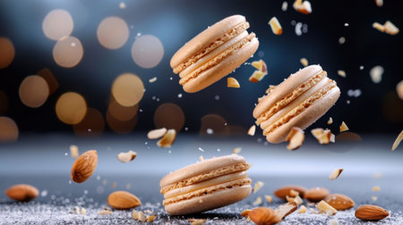 Delight in the visual charm of flying almond macarons surrounded by scattered nuts and a dreamy bokeh background, perfect for dessert lovers.の素材