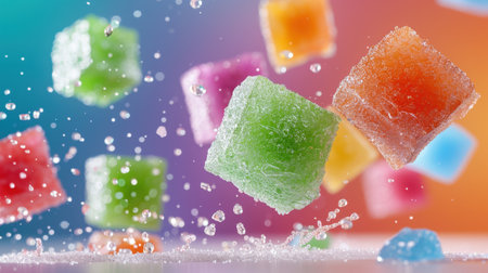A stunning display of colorful fruit-flavored candy cubes floating in the air, surrounded by refreshing water droplets against a vibrant background, creating an enticing visual treat.の素材