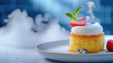 This image features a delectable dessert topped with creamy whipped cream, fresh strawberries, and a hint of steam, creating a mouthwatering presentation.の素材