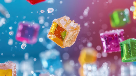 A dynamic image of colorful ice cubes melting in mid-air, surrounded by splashes of water, creating an energetic and refreshing atmosphere.の素材