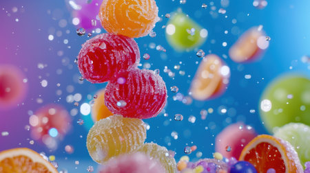 A vibrant display of colorful candies and fruits surrounded by bubbles, creating a joyful scene perfect for parties or celebrations. The bright background enhances the playful nature of this delicious treat.の素材
