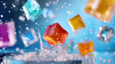 A captivating scene of colorful ice cubes dramatically splashing into clear water with vibrant blue background, creating a refreshing and energetic visual.の素材