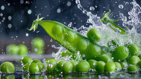A captivating image showcasing fresh green peas splashing in water, highlighting their vibrant color and dynamic movement. Ideal for culinary and healthy lifestyle themes.の素材