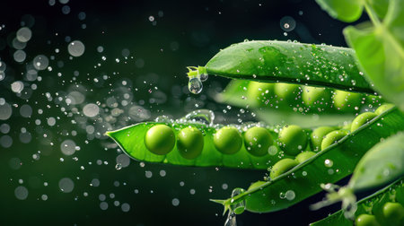 This stunning close-up image features fresh green peas resting on vibrant green leaves, each glistening with water droplets, creating a refreshing nature scene.の素材