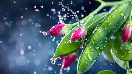 A stunning close-up image of fresh pink flower buds surrounded by lush green leaves, showcasing raindrops and natural elegance in soft light.の素材