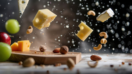 Flying pieces of cheese combine with nuts and fruits, creating a vivid and dynamic composition that showcases culinary creativity in an enticing way.の素材