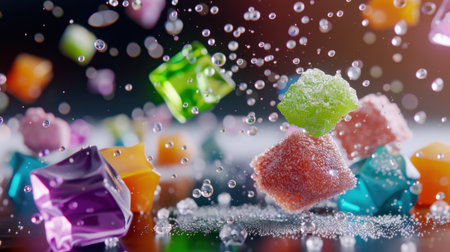 This captivating image showcases a dynamic splash of water with colorful candy cubes and bubbles, creating an engaging and playful scene that conveys fun.の素材