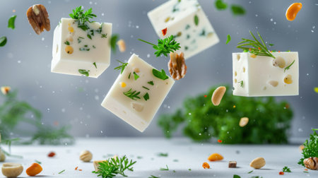 Dynamic floating tofu blocks with fresh herbs and scattered nuts create an engaging composition, highlighting healthy, vegetarian cooking in a bright kitchen.の素材