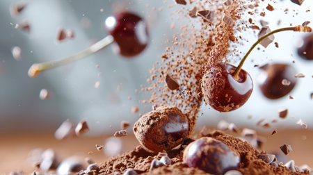 A captivating image featuring cherries bursting with flavor amidst a cascade of cocoa powder and chocolate fragments, ideal for culinary art designs.の素材