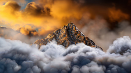 A breathtaking view of a majestic mountain peak soaring above a sea of clouds during a stunning sunset, showcasing vibrant colors and a dynamic atmosphere.の素材