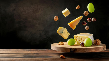 A stunning display of various cheeses, nuts, and grapes appears to float above a rustic wooden board, set against a dark backdrop, ideal for food enthusiasts and culinary artists.の素材