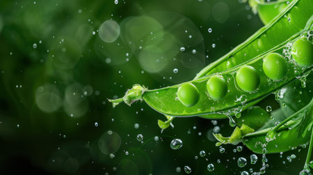 This close-up photo captures fresh green peas resting on a pod, adorned with glistening water drops against a vibrant green background, showcasing nature's beauty.の素材