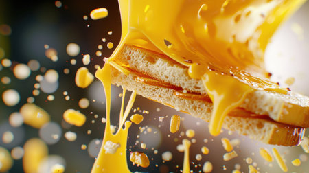 This captivating image showcases melting cheddar cheese cascading over slices of bread, creating a visually stunning and appetizing gourmet sandwich. Perfect for food-related projects.の素材