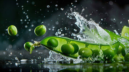 A visually striking image of fresh green peas bursting from their pod, accompanied by splashing water, showcasing vibrant colors and freshness.の素材