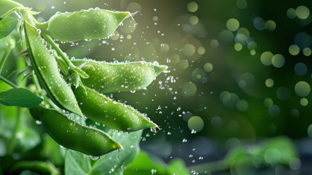 Capture the essence of freshness with these vibrant green peas adorned with water droplets, set against a soft bokeh background that enhances their natural beauty. Perfect for themes of health and nutrition.の素材