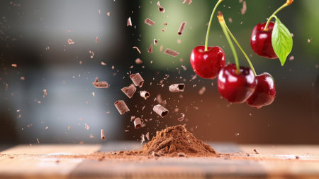 A dynamic capture of fresh cherries floating above a mound of chocolate shavings, emphasizing the blend of sweetness and indulgence in a kitchen setting.の素材