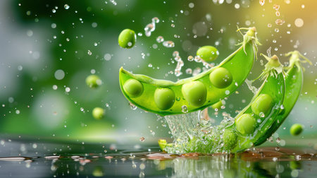 A dynamic image capturing fresh green peas splashing in water with droplets, set against a soft, vibrant bokeh background, emphasizing health and freshness.の素材