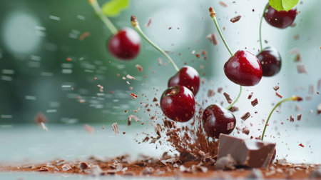 An eye-catching image featuring fresh cherries and rich dark chocolate falling together in an artistic explosion, set against a blurred background.の素材