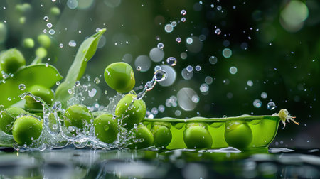 A captivating image of fresh green peas splashing in water, surrounded by vibrant leaves and bubbles, creating a refreshing and invigorating atmosphere.の素材