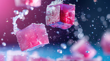Vibrant pink ice cubes float in splashing water, creating a dynamic visual with bubbles and sparkling effects, perfect for refreshing beverage concepts.の素材